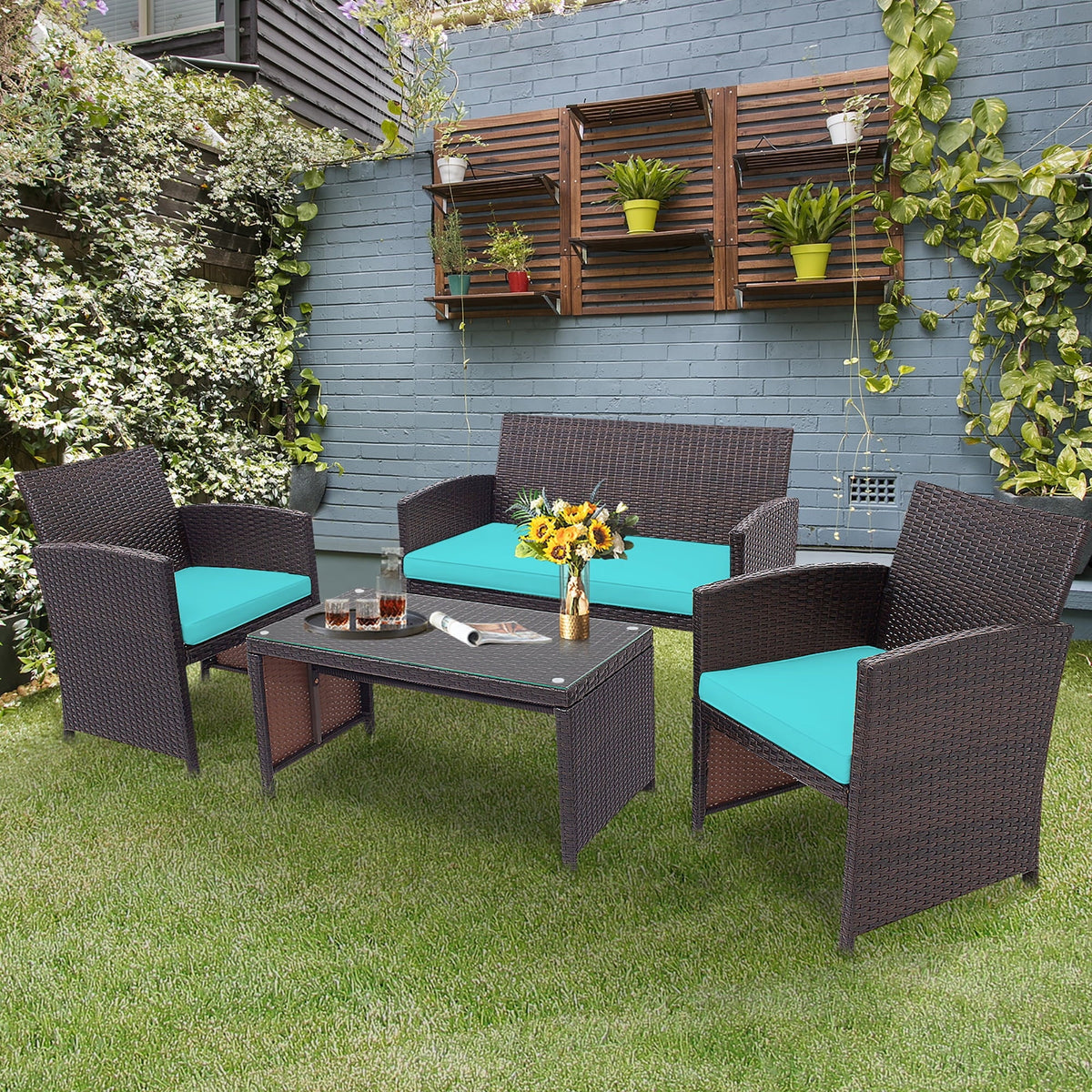 4 Pc White Patio Rattan Furniture Set O952