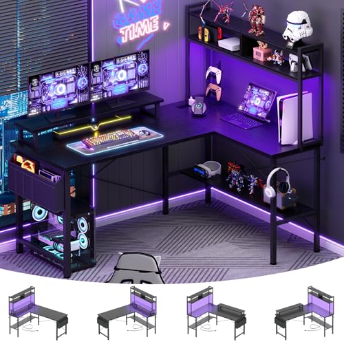 L Shaped Gaming Desk with Power Outlets & LED Lights, Black Y180980