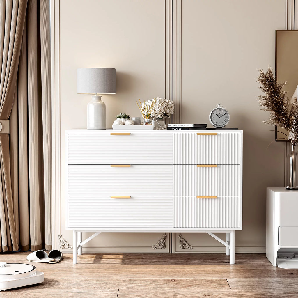 Creamy 6 Drawer Wood Dresser with Metal Base T829182