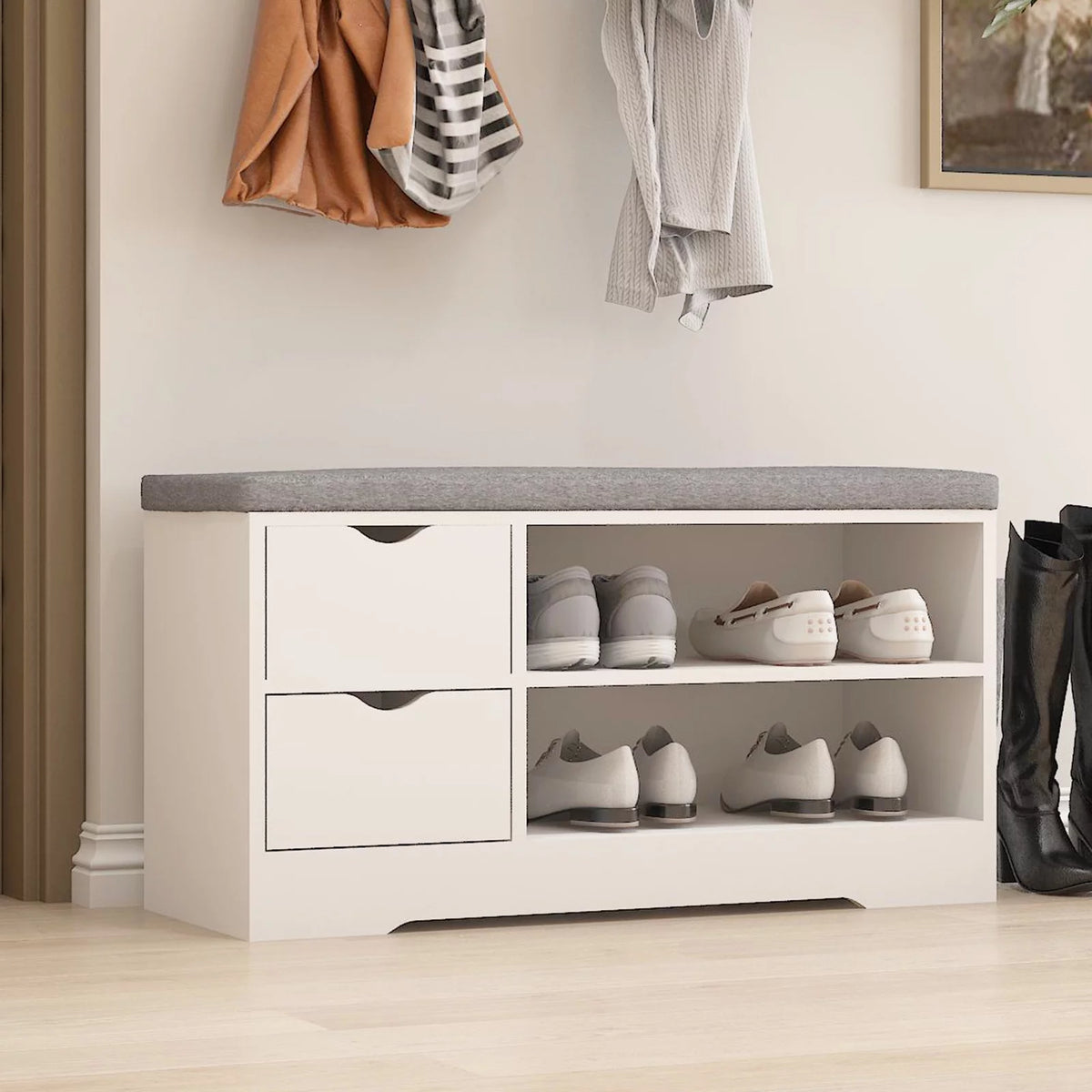 White 2-Tier Shoe Storage Bench Cabinet with Drawer and Cushion X527989