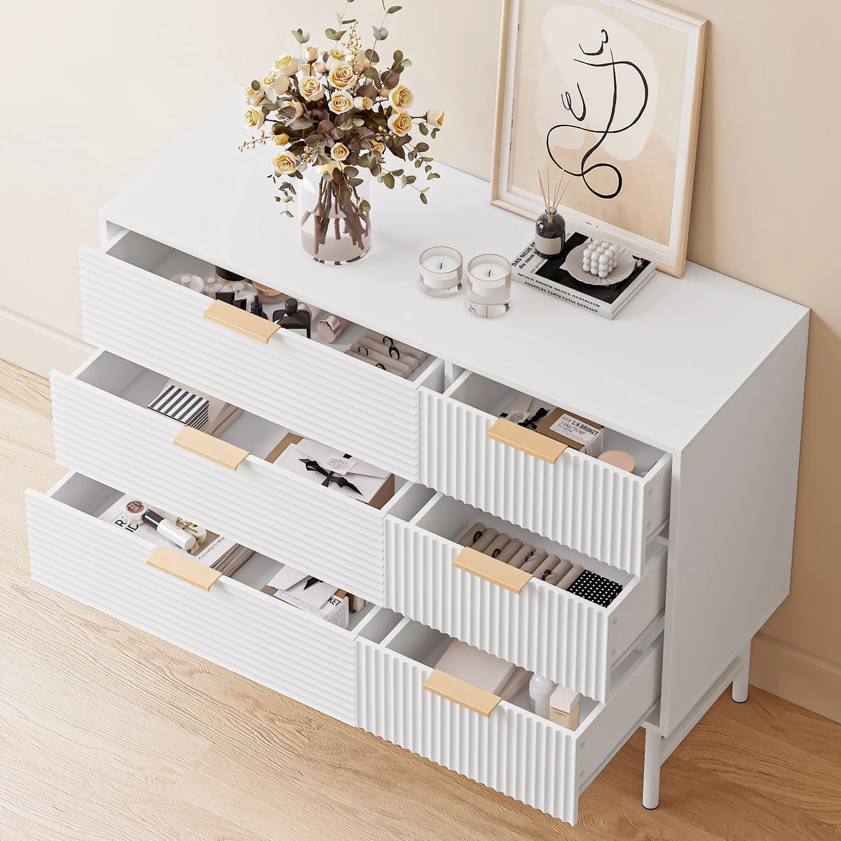 Creamy 6 Drawer Wood Dresser with Metal Base T829182
