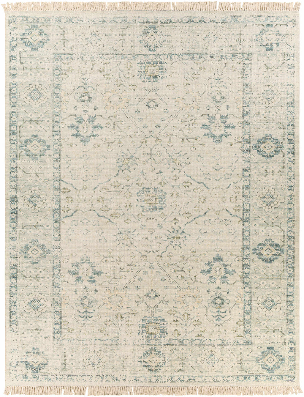 Hand Woven Cotton Area Rug with Tassel Green Sage Beige Off White 6' x 9' W751896