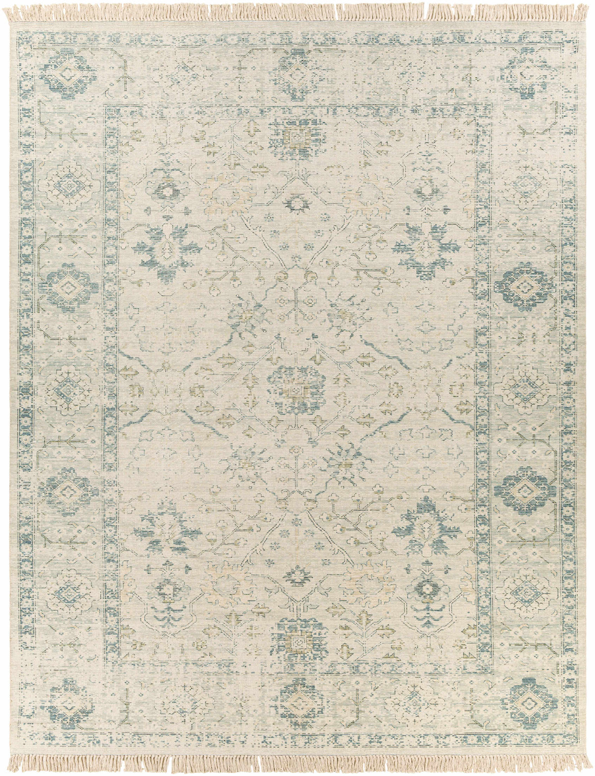 Hand Woven Cotton Area Rug with Tassel Green Sage Beige Off White 6' x 9' W751896