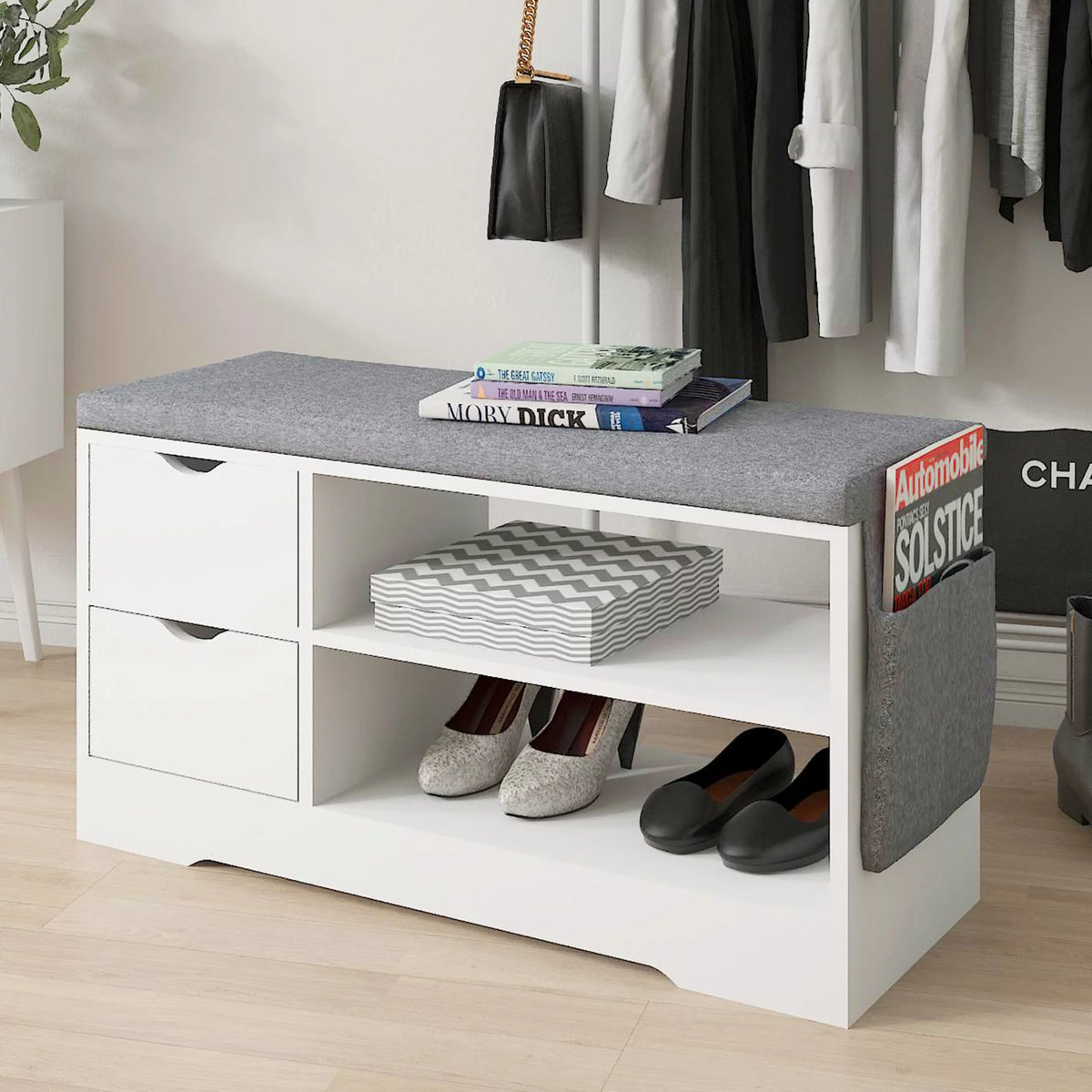 White 2-Tier Shoe Storage Bench Cabinet with Drawer and Cushion X527989