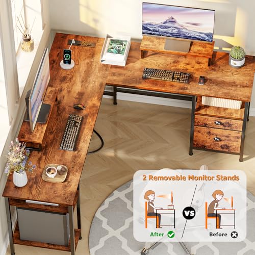 66” L Shaped Desk with Power Outlet, File Drawer & Storage Shelves, Rustic Brown L900429