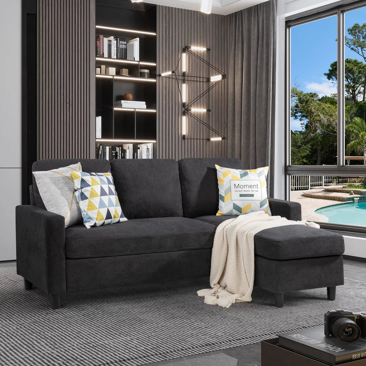 Linen Fabric Convertible L-Shaped Sectional Sofa Dark Gray Q29161