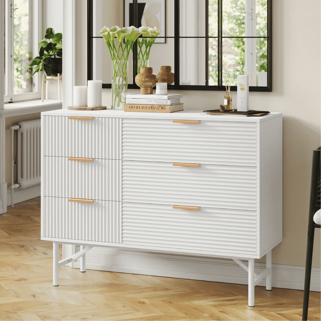 Creamy 6 Drawer Wood Dresser with Metal Base T829182