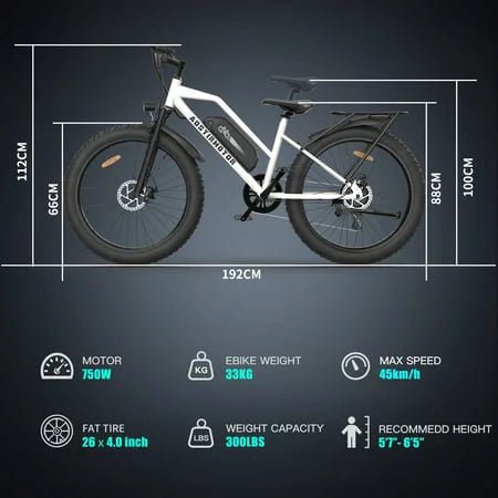 Electric Mountain Bike 750W 48V 13AH Removable Lithium Battery 26" 4.0 inch Fat Tire White O124935