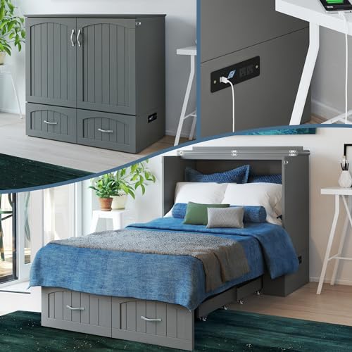 Queen Murphy Bed Chest with Mattress and Storage in Grey R6559