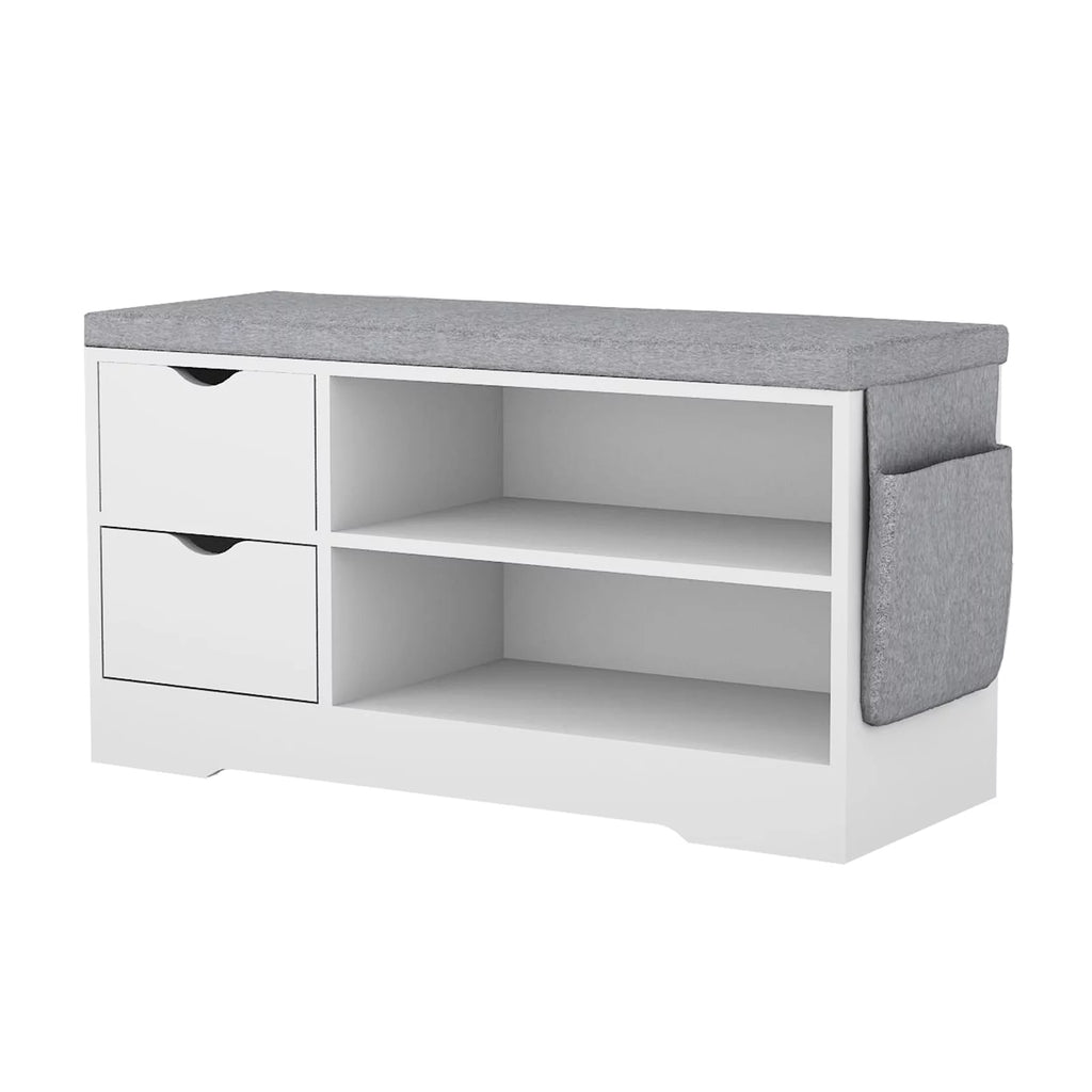 White 2-Tier Shoe Storage Bench Cabinet with Drawer and Cushion X527989