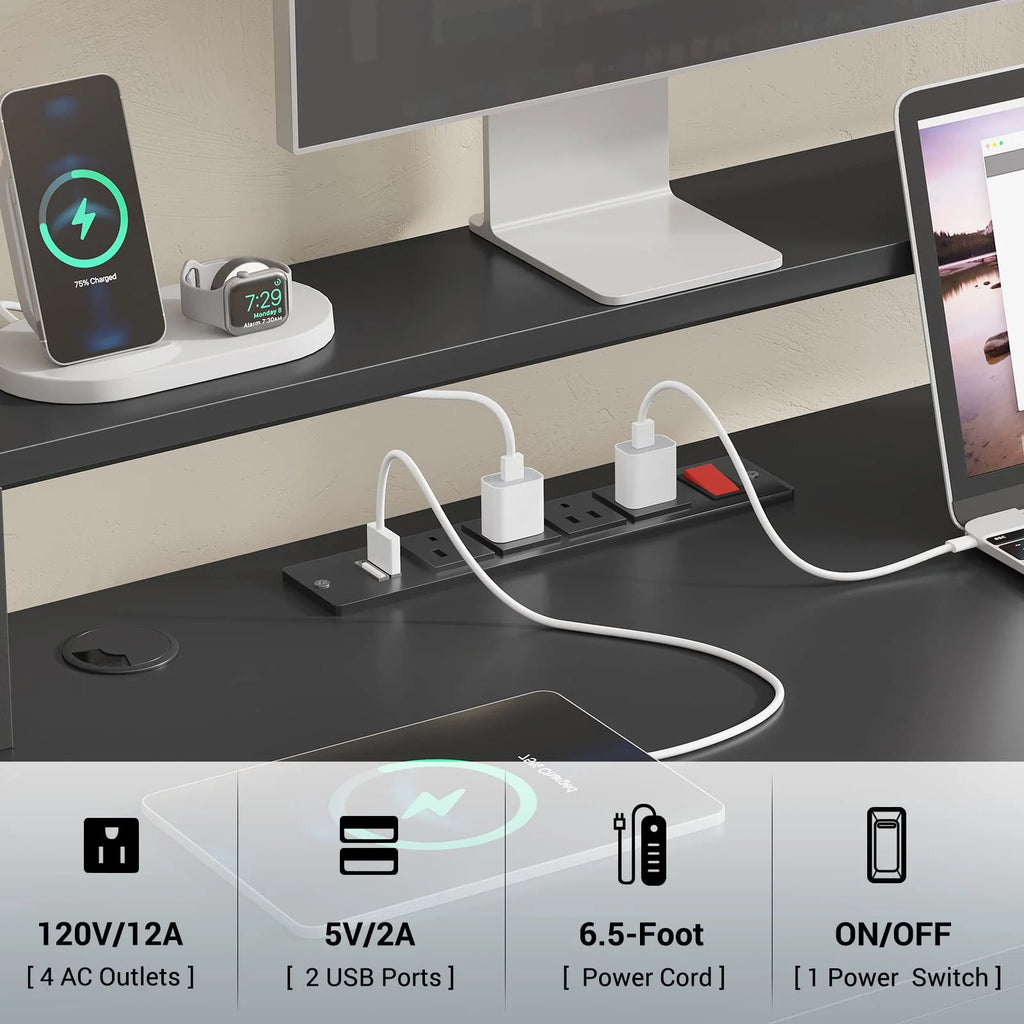 L Shaped Desk with File Drawer and Power Outlet, Black V788