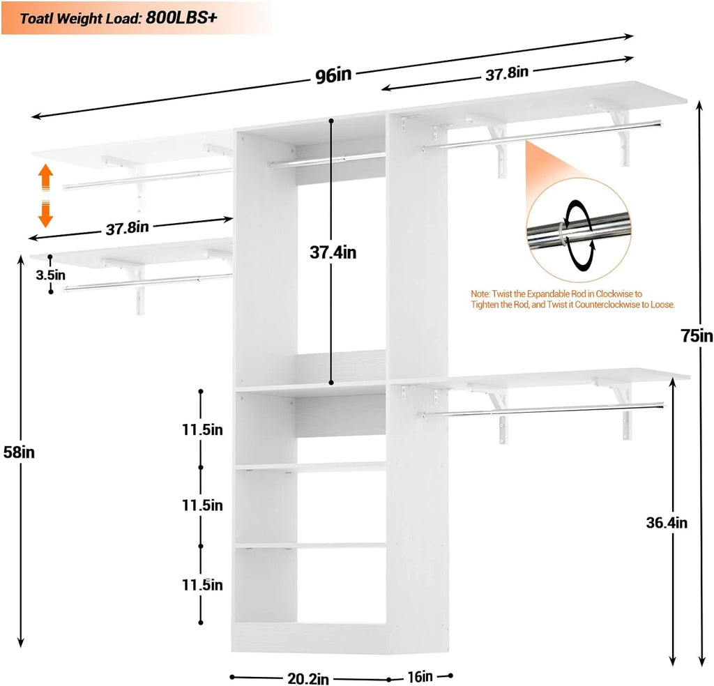 96'' White Closet System with 3 Shelving Towers K18183