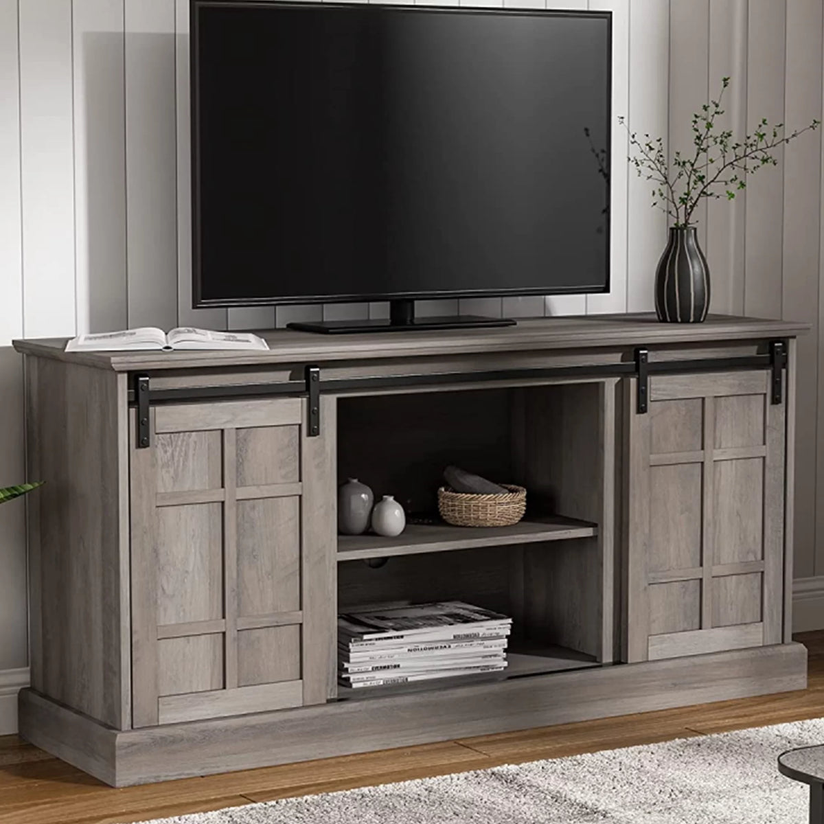 Wash Gray 58" TV Stand with Sliding Barn Door D1748