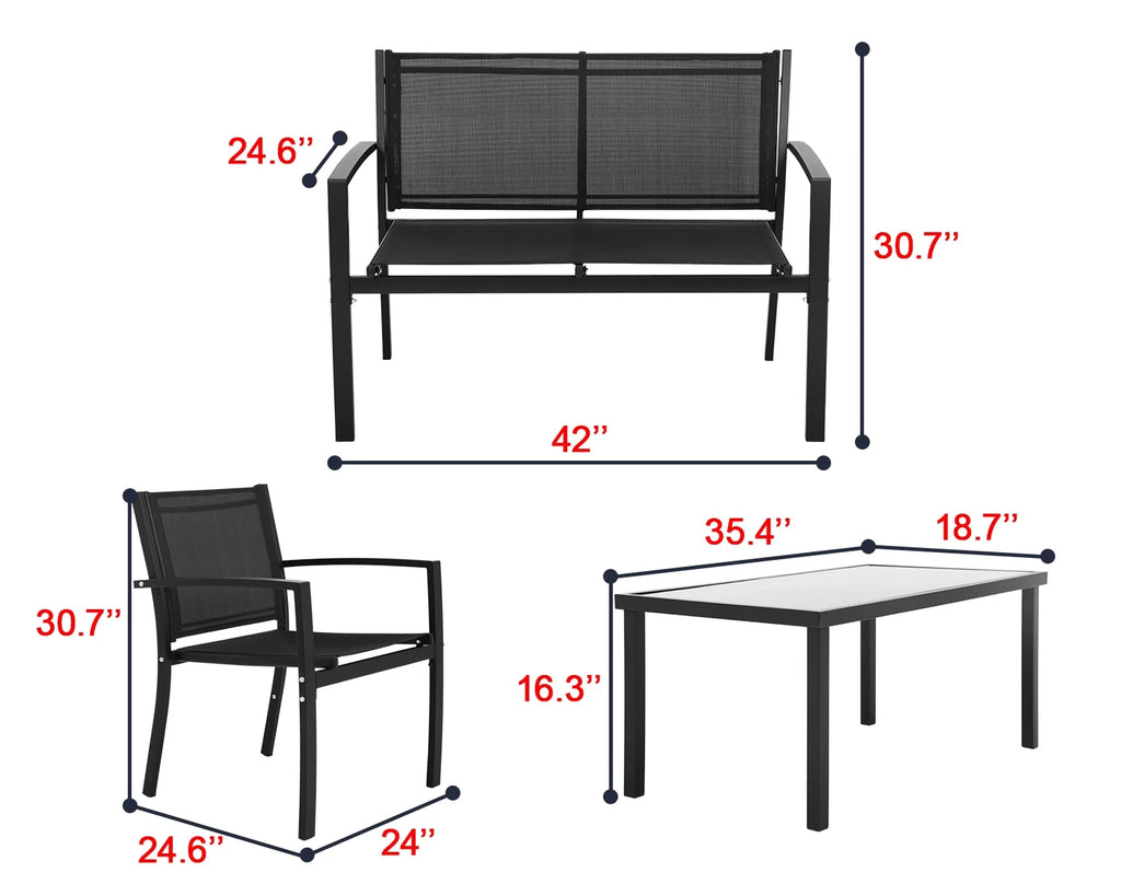 4 Piece Patio Conversation Set with Tempered Glass Tabletop Black J72796