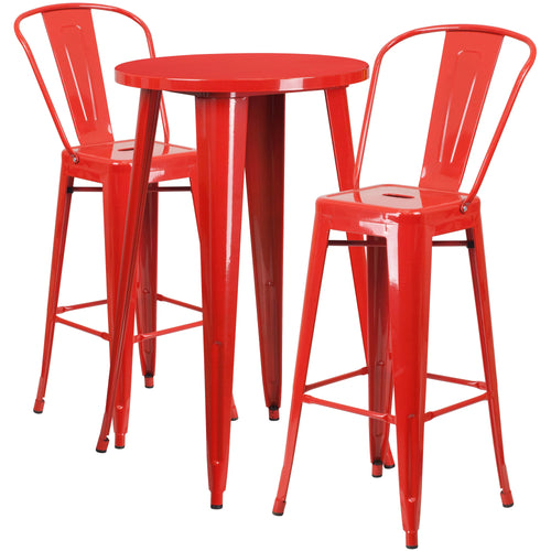 24" Round Red Metal Indoor-Outdoor Bar Table Set with 2 Stools S532