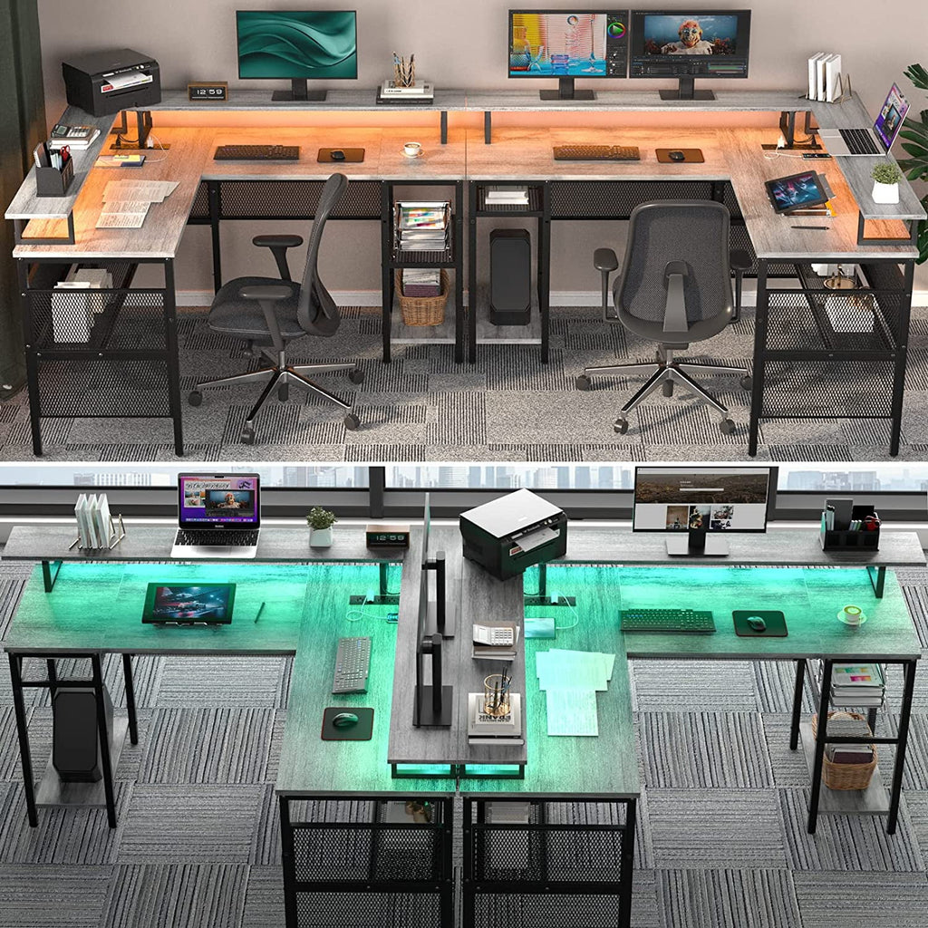 White Oak 55 inch L Shaped Desk with Power Outlets and LED Light Q92743
