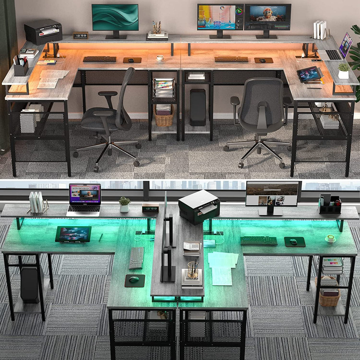 White Oak 55 inch L Shaped Desk with Power Outlets and LED Light Q92743