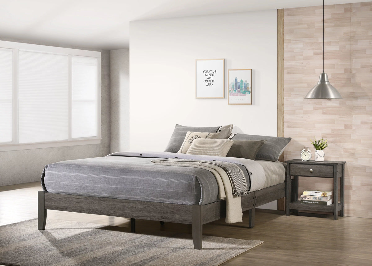 3pc King Size Platform Bed and Nightstand Set Gray Wooden K8782