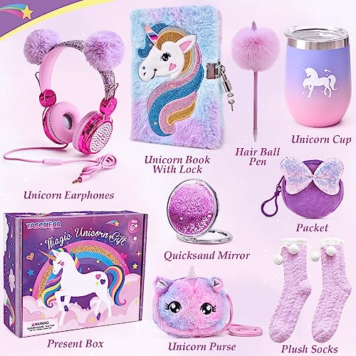 Unicorn Toy with Wired Headphones Diary Water Bottle Plush Bag Purse Socks Mirror T92645