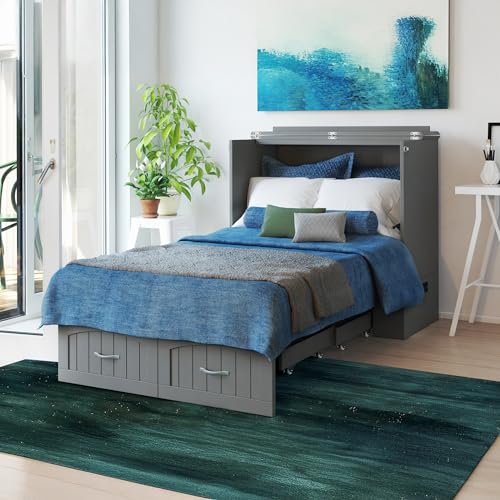 Queen Murphy Bed Chest with Mattress and Storage in Grey R6559