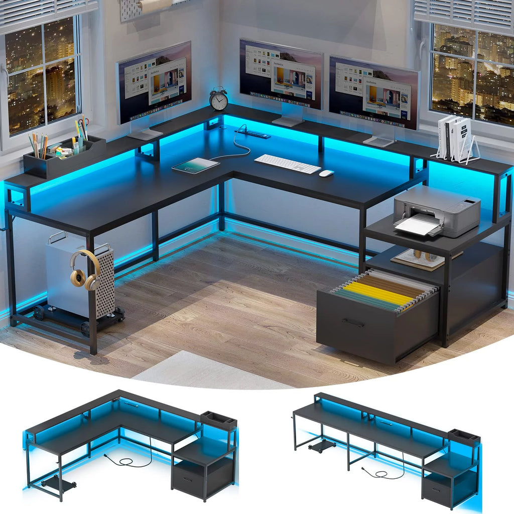 L Shaped Desk with File Drawer and Power Outlet, Black V788