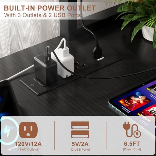 L Shaped Gaming Desk with Power Outlets & LED Lights, Black Y180980