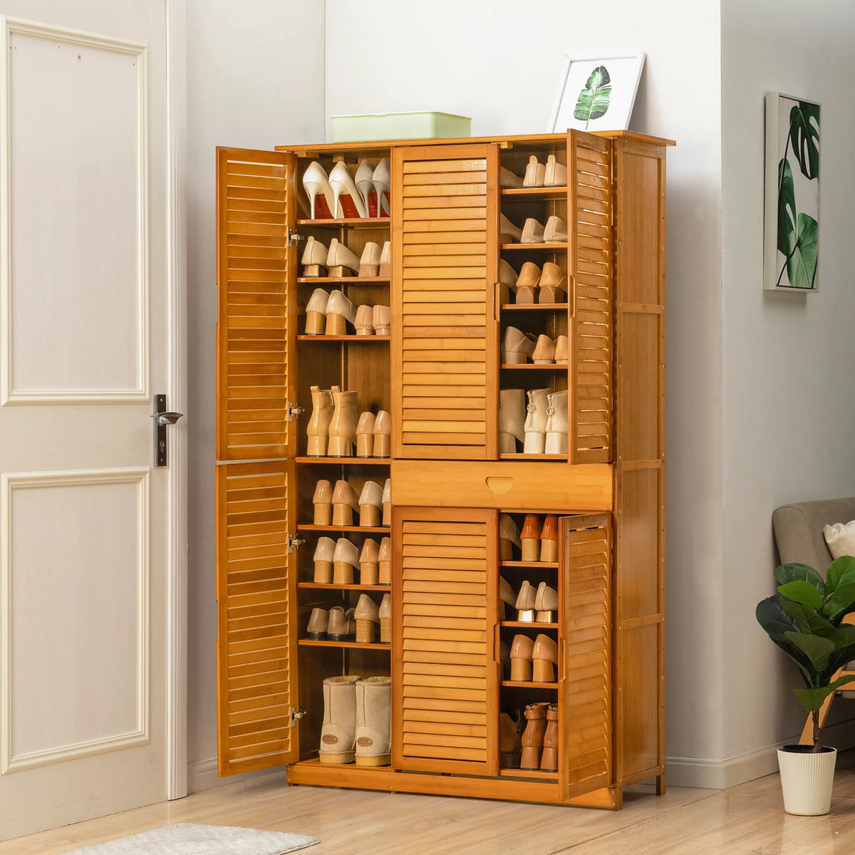 Bamboo 10 Tiers 1 Drawer Shoes Cabinet with Shutter Doors T90158