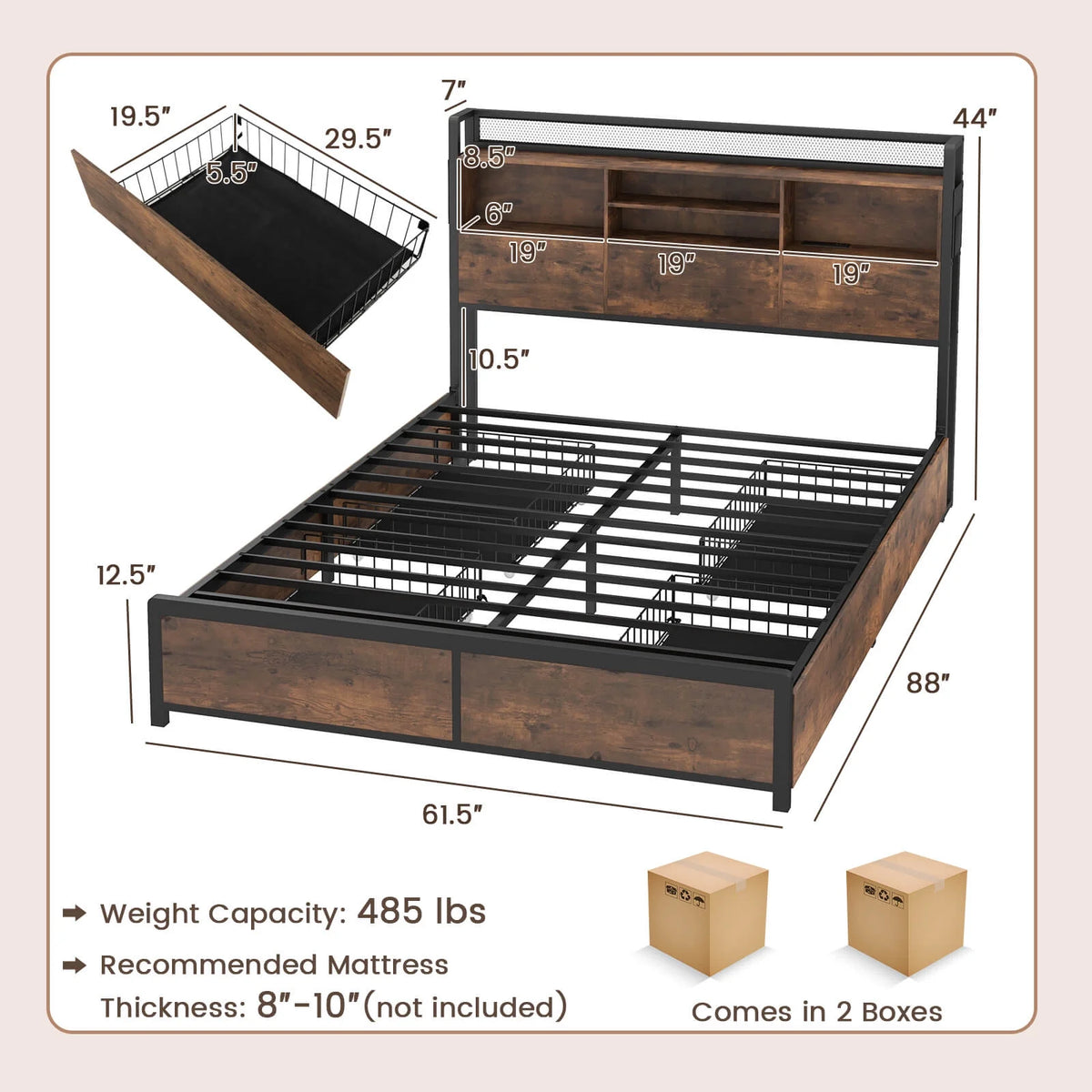 Queen Size Bed Frame with Bookcase Headboard and 4 Storage Drawers C55796