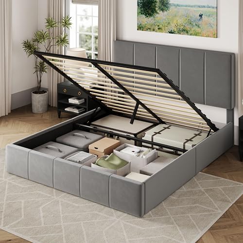 Queen Size Black Velvet Upholstered Storage Bed Frame A843