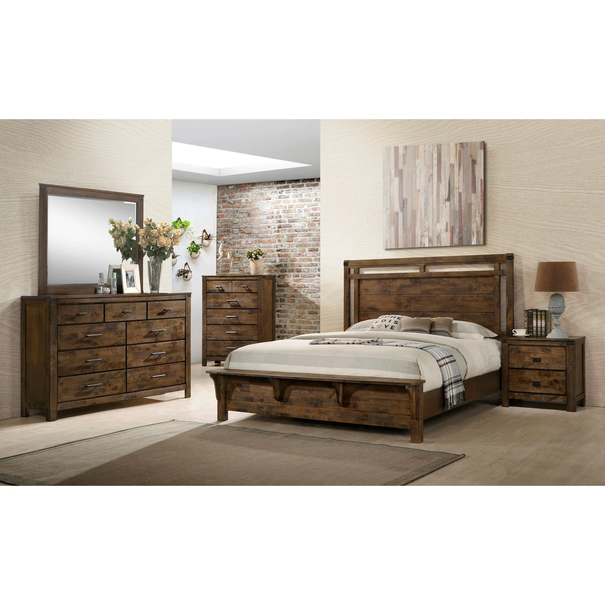 King Size 4pc Wooden Bedroom Set with Bed Dresser Mirror Nightstand Y985