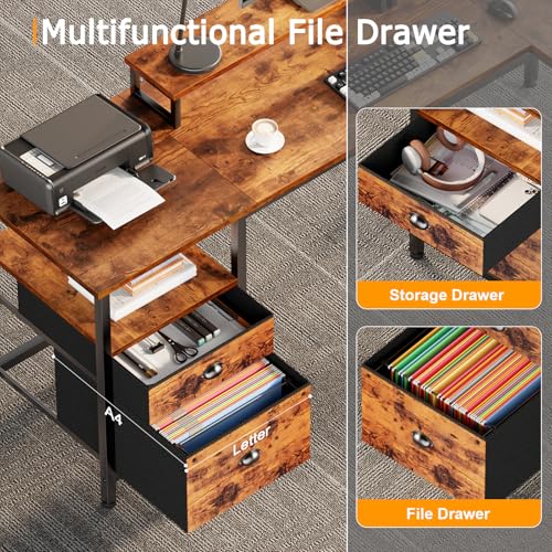66” L Shaped Desk with Power Outlet, File Drawer & Storage Shelves, Rustic Brown L900429