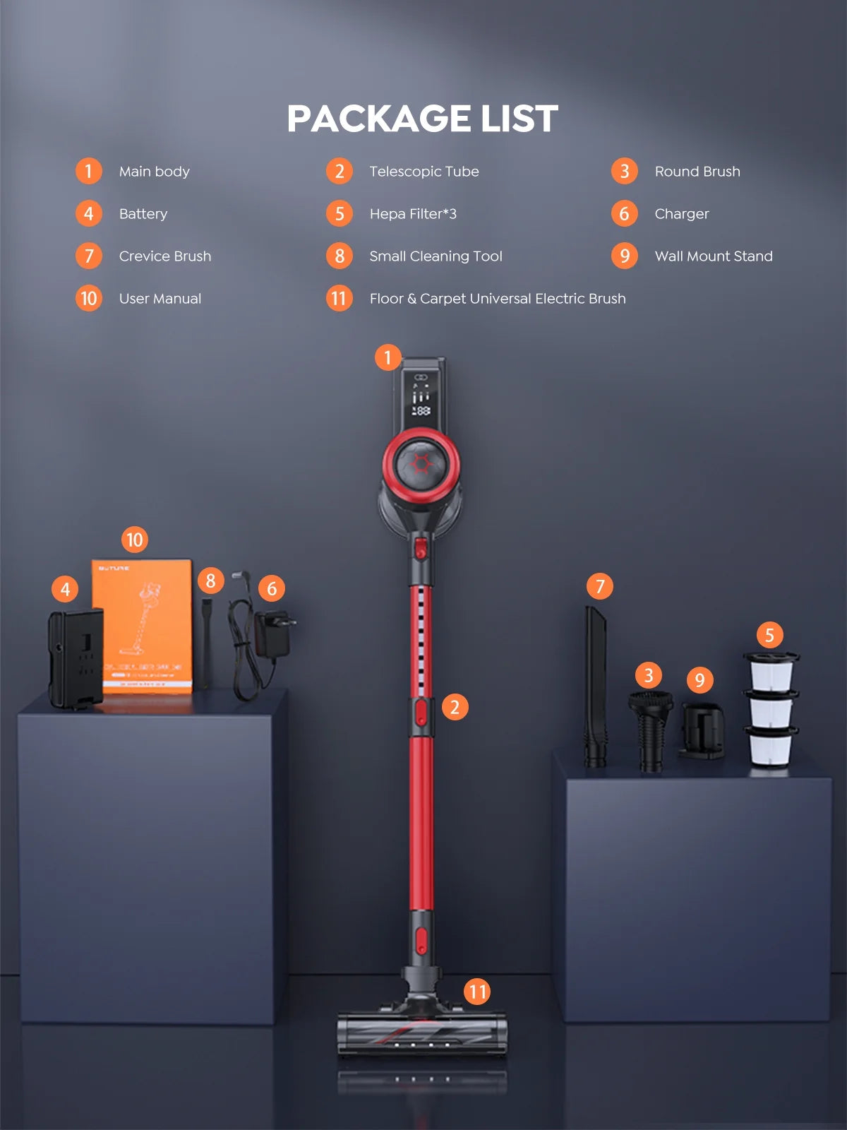 Cordless Stick Vacuum Cleaner 450W 38Kpa Detachable Battery O1449