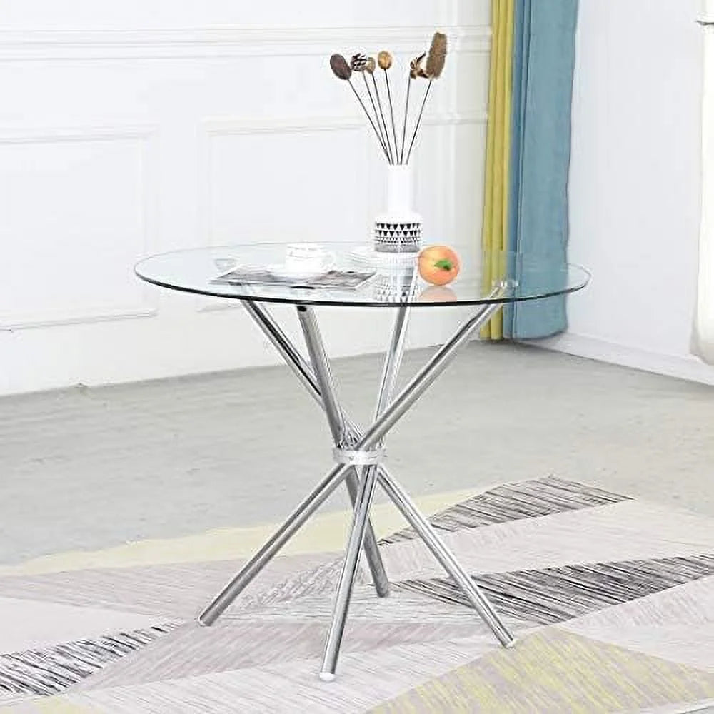 Round Glass Dining Table with Clear Tempered Glass Top 4 Chrome Legs R35769