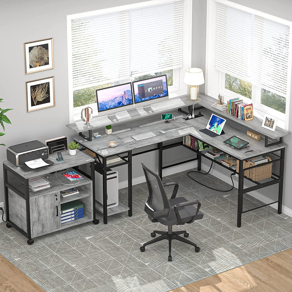White Oak 55 inch L Shaped Desk with Power Outlets and LED Light Q92743
