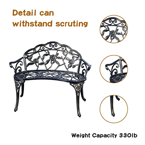 Metal Patio Garden Bench with Floral Rose K16625